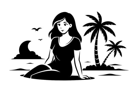Download Relaxed Girl on Beach Silhouette. - Beach Collection