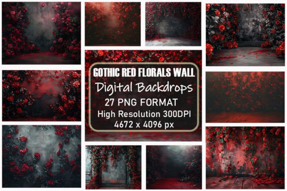 Download Gothic Red Flowers Wall Digital Backdrop - Premium Bundle