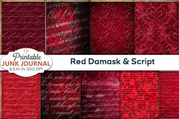 Download Red Damask Script Junk Journal Pages - Red Collection