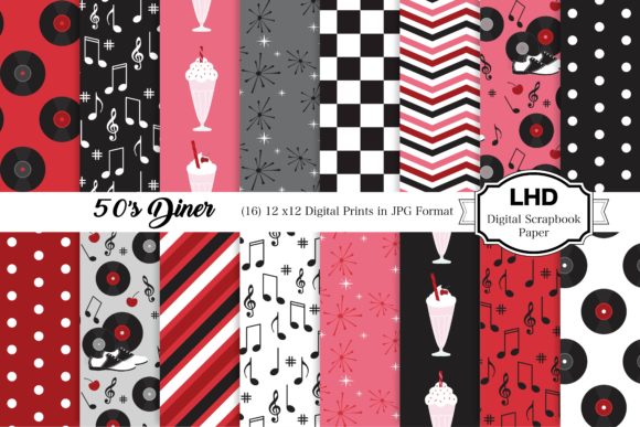 Download 50's Diner Black &amp; Red Digital Papers - Red Collection