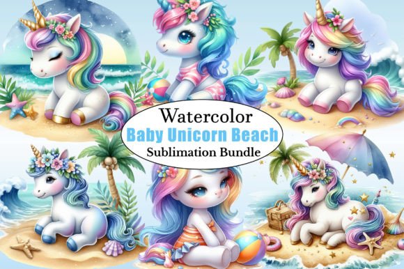 Download Watercolor Baby Unicorn Beach Clipart - Beach Collection