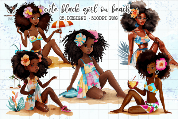 Download Cute Black Girl on Beach Watercolor - Beach Collection