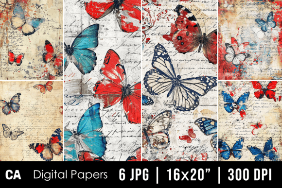 Download Vintage Red Blue Butterfly Journal Pages - Premium Resources